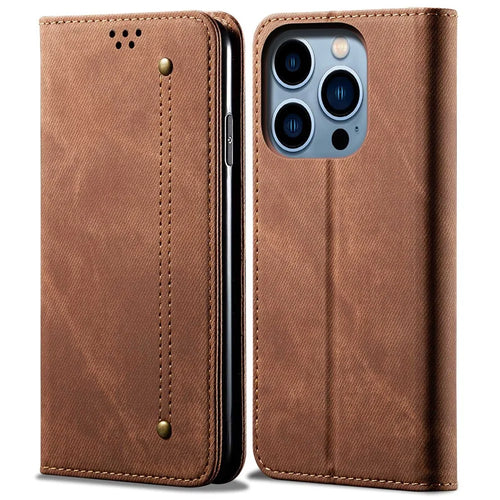 For iPhone 14 Pro 6.1 inch Phone Flip Wallet Cover Stand Scratch-resistant Jeans Cloth Texture PU Leather Mobile Phone Case - Coffee - 1