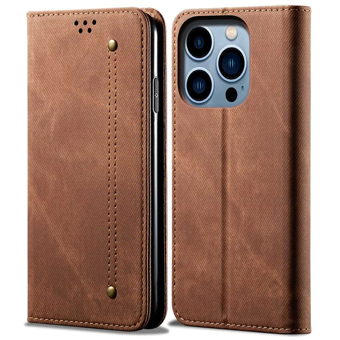 For iPhone 14 Pro 6.1 inch Phone Flip Wallet Cover Stand Scratch-resistant Jeans Cloth Texture PU Leather Mobile Phone Case - Coffee - 1