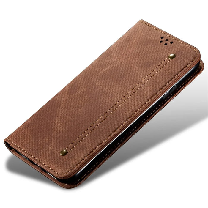 For iPhone 14 Pro 6.1 inch Phone Flip Wallet Cover Stand Scratch-resistant Jeans Cloth Texture PU Leather Mobile Phone Case - Coffee - 4