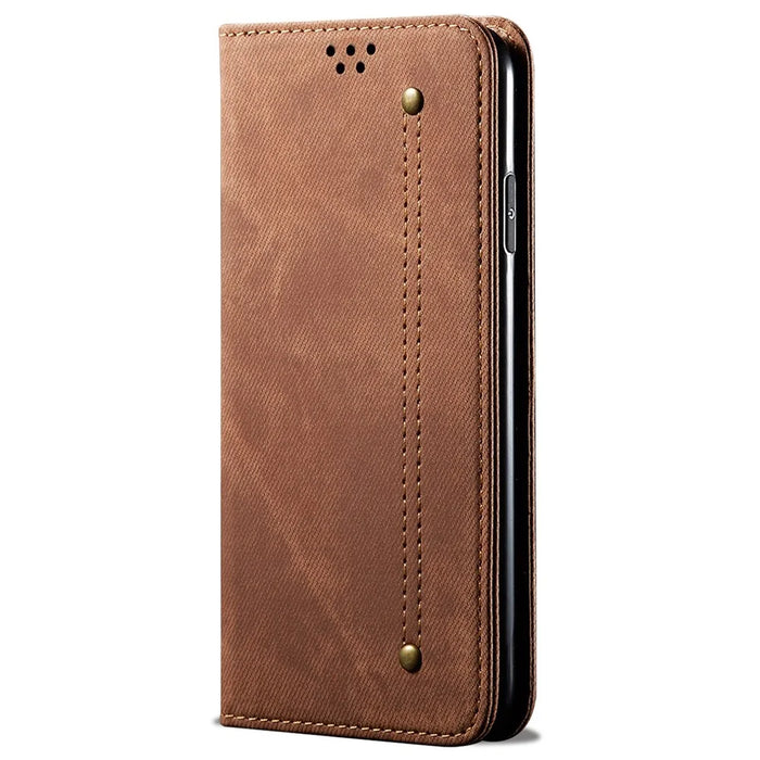 For iPhone 14 Pro 6.1 inch Phone Flip Wallet Cover Stand Scratch-resistant Jeans Cloth Texture PU Leather Mobile Phone Case - Coffee - 5