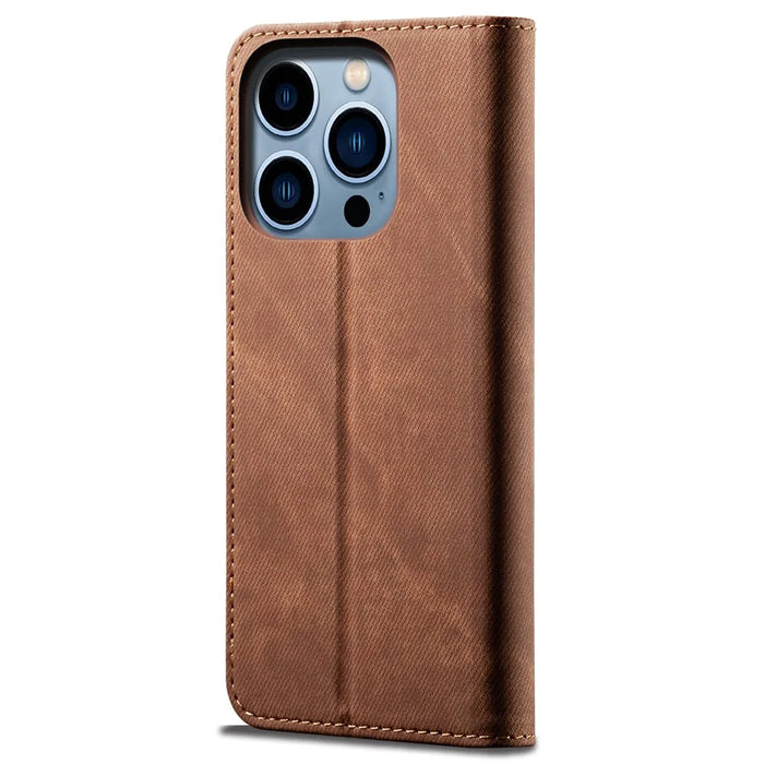 For iPhone 14 Pro 6.1 inch Phone Flip Wallet Cover Stand Scratch-resistant Jeans Cloth Texture PU Leather Mobile Phone Case - Coffee - 6