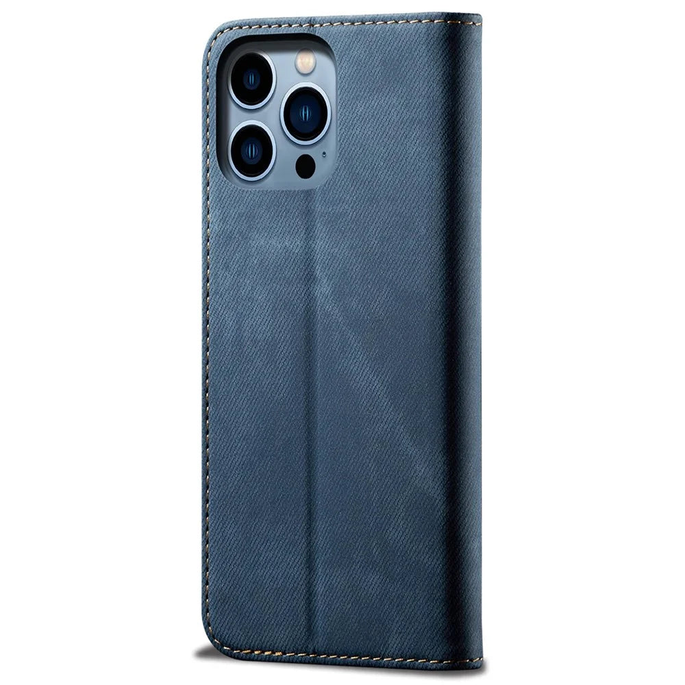 For iPhone 14 Pro Max 6.7 inch Full Protection Phone Wallet Cover Stand Jeans Cloth Texture Magnetic Flip Leather Mobile Phone Case - Blue - 6