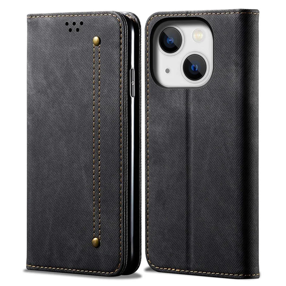 For iPhone 14 Plus Scratch-resistant Flip Leather Case Shockproof Phone Wallet Cover Jeans Cloth Texture - Black - 1