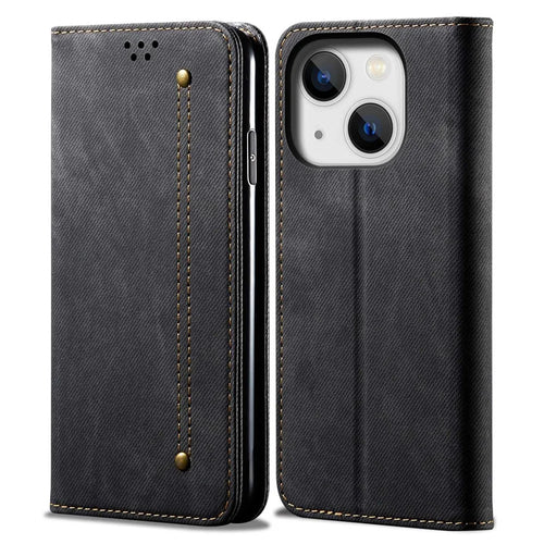 For iPhone 14 Plus Scratch-resistant Flip Leather Case Shockproof Phone Wallet Cover Jeans Cloth Texture - Black - 1