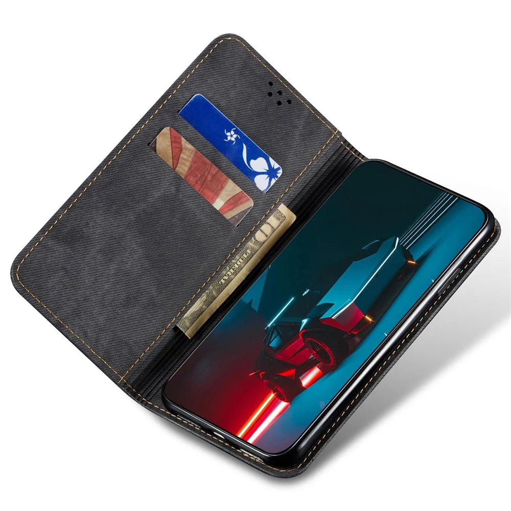 For iPhone 14 Plus Scratch-resistant Flip Leather Case Shockproof Phone Wallet Cover Jeans Cloth Texture - Black - 2