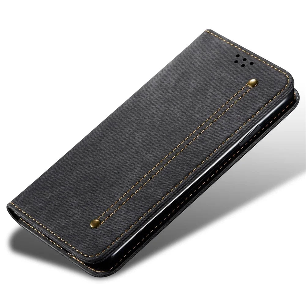 For iPhone 14 Plus Scratch-resistant Flip Leather Case Shockproof Phone Wallet Cover Jeans Cloth Texture - Black - 4