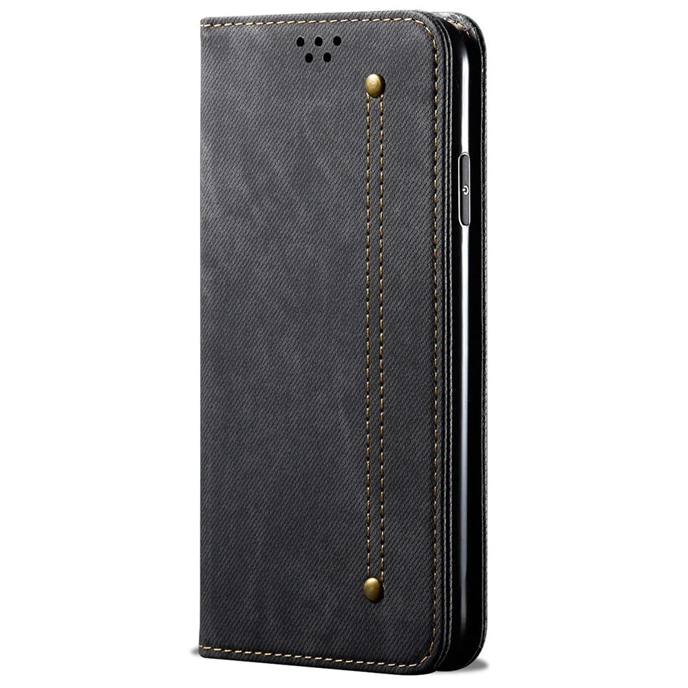 For iPhone 14 Plus Scratch-resistant Flip Leather Case Shockproof Phone Wallet Cover Jeans Cloth Texture - Black - 5