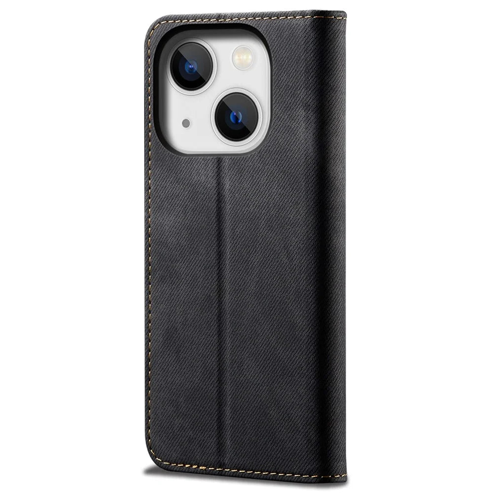 For iPhone 14 Plus Scratch-resistant Flip Leather Case Shockproof Phone Wallet Cover Jeans Cloth Texture - Black - 6