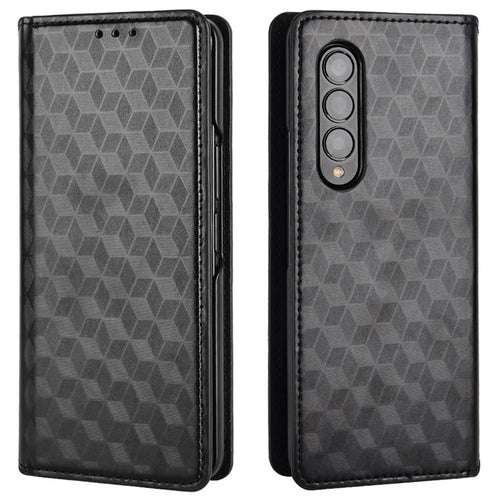 For Samsung Galaxy Z Fold4 5G PU Leather + PC Case Magnetic Auto-absorbed Imprinting Rhombus Pattern Stand Wallet Phone Cover - Black - 1