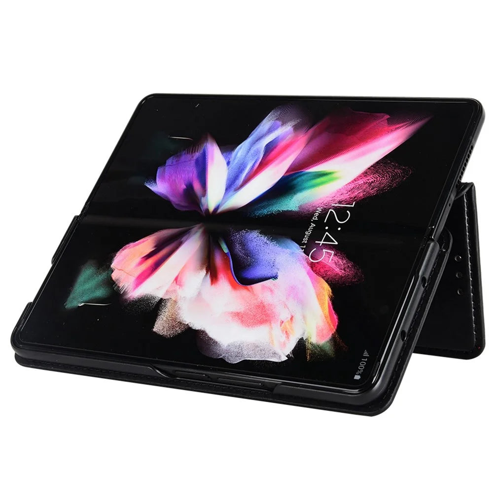 For Samsung Galaxy Z Fold4 5G PU Leather + PC Case Magnetic Auto-absorbed Imprinting Rhombus Pattern Stand Wallet Phone Cover - Black - 3