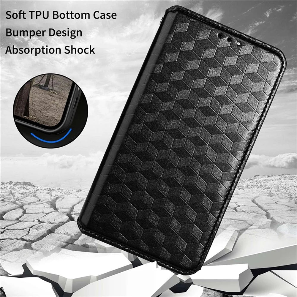 For Samsung Galaxy Z Fold4 5G PU Leather + PC Case Magnetic Auto-absorbed Imprinting Rhombus Pattern Stand Wallet Phone Cover - Black - 5