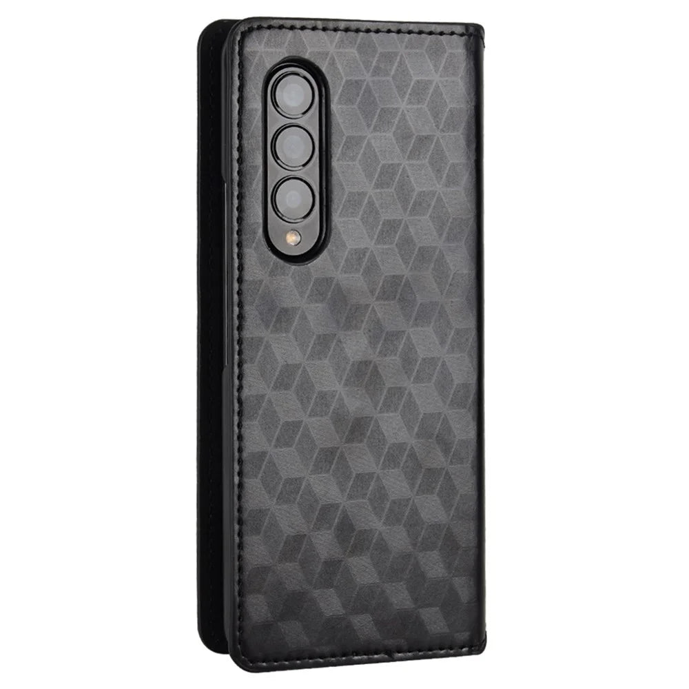 For Samsung Galaxy Z Fold4 5G PU Leather + PC Case Magnetic Auto-absorbed Imprinting Rhombus Pattern Stand Wallet Phone Cover - Black - 7