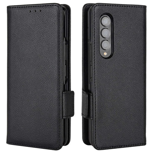 For Samsung Galaxy Z Fold4 5G Litchi Texture Wallet Stand Case PU Leather Full Protection Phone Cover - Black - 1