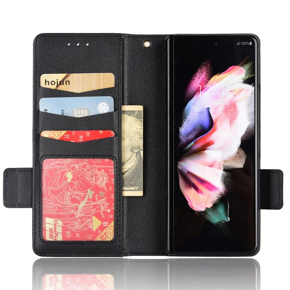 For Samsung Galaxy Z Fold4 5G Litchi Texture Wallet Stand Case PU Leather Full Protection Phone Cover - Black - 2