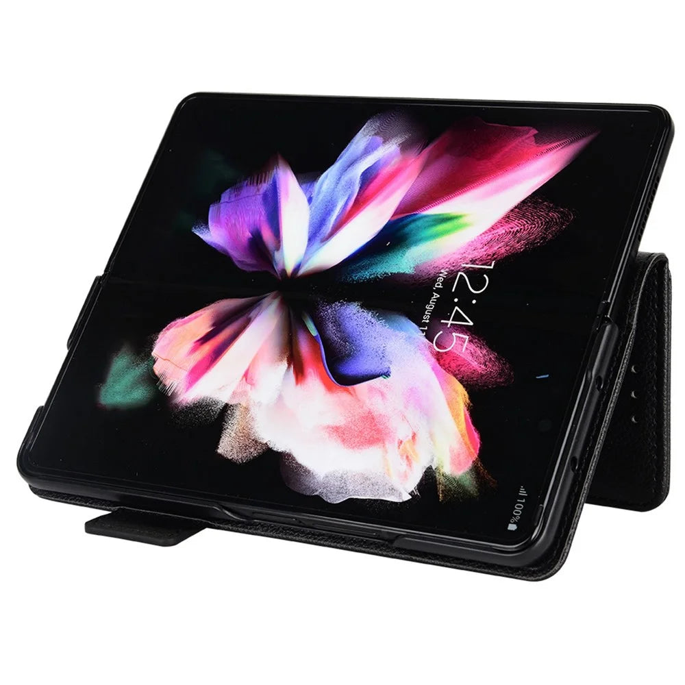 For Samsung Galaxy Z Fold4 5G Litchi Texture Wallet Stand Case PU Leather Full Protection Phone Cover - Black - 3