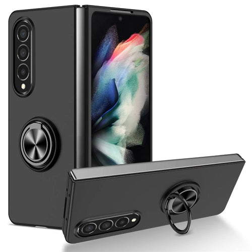 For Samsung Galaxy Z Fold4 5G Built-in Kickstand Function Anti-scratch Folding PC Cell Phone Case with Car Mount Metal Sheet - Black - 1