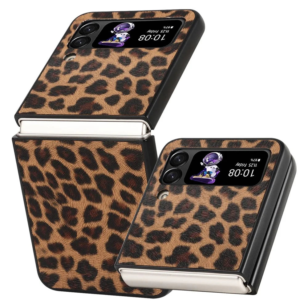For Samsung Galaxy Z Flip4 5G Anti-scratch Folding Phone Case PU Leather Coated Hard PC Back Cover - Yellow / Leopard Texture - 1