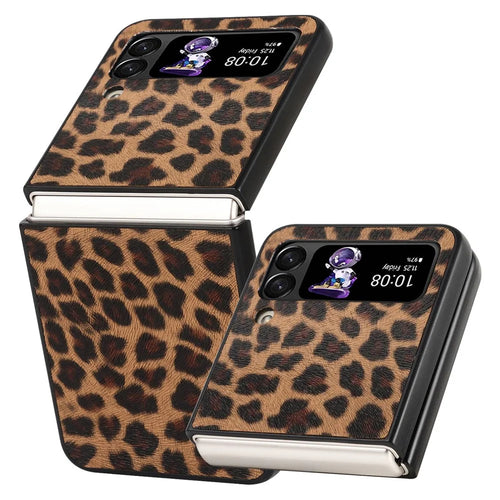 For Samsung Galaxy Z Flip4 5G Anti-scratch Folding Phone Case PU Leather Coated Hard PC Back Cover - Yellow / Leopard Texture - 1