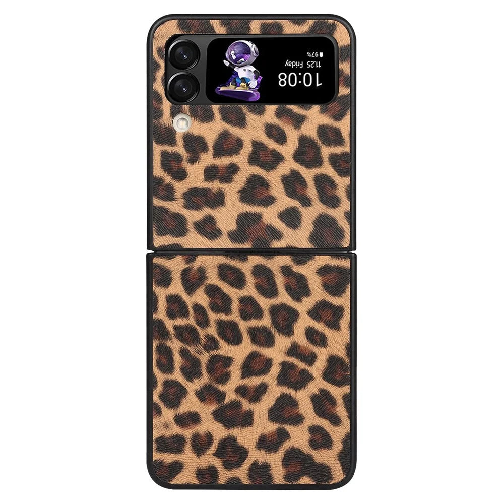 For Samsung Galaxy Z Flip4 5G Anti-scratch Folding Phone Case PU Leather Coated Hard PC Back Cover - Yellow / Leopard Texture - 2