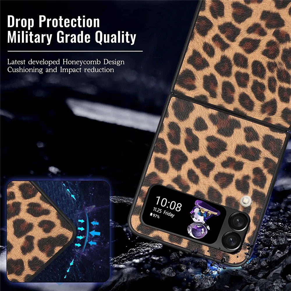 For Samsung Galaxy Z Flip4 5G Anti-scratch Folding Phone Case PU Leather Coated Hard PC Back Cover - Yellow / Leopard Texture - 3