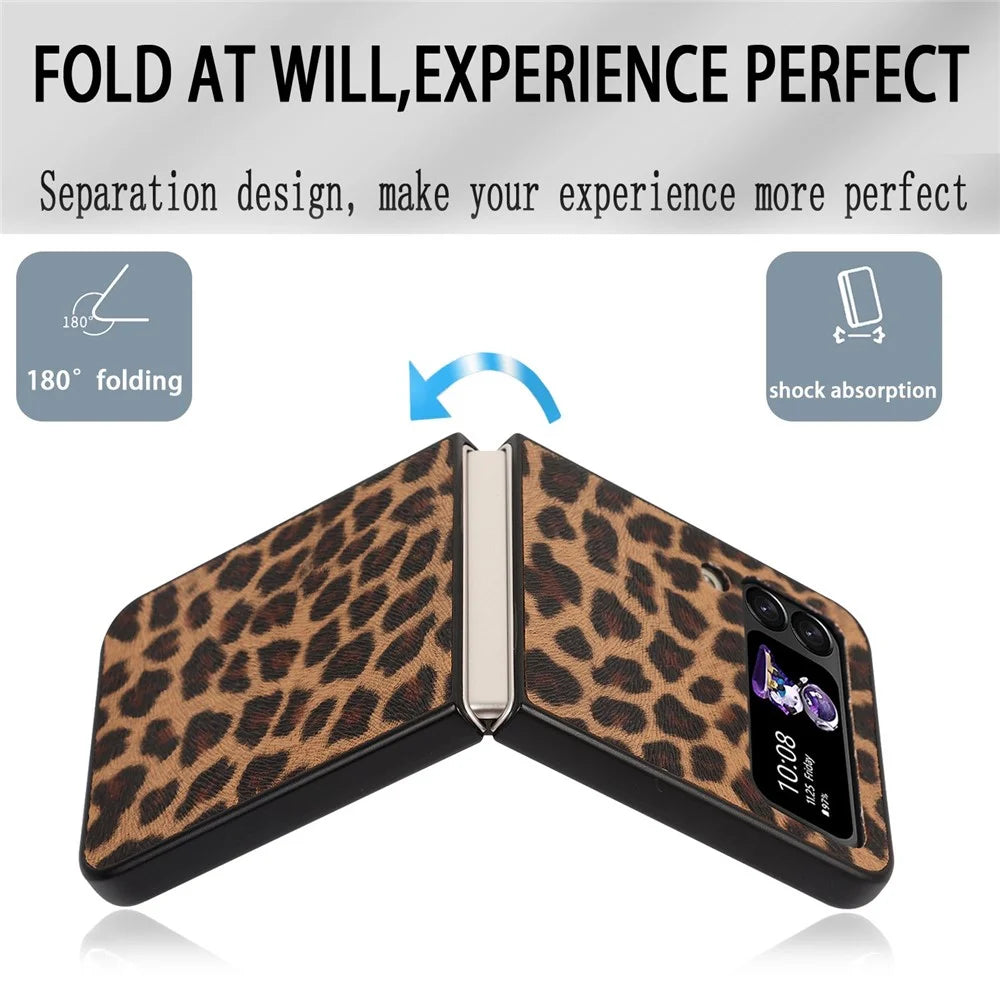 For Samsung Galaxy Z Flip4 5G Anti-scratch Folding Phone Case PU Leather Coated Hard PC Back Cover - Yellow / Leopard Texture - 4