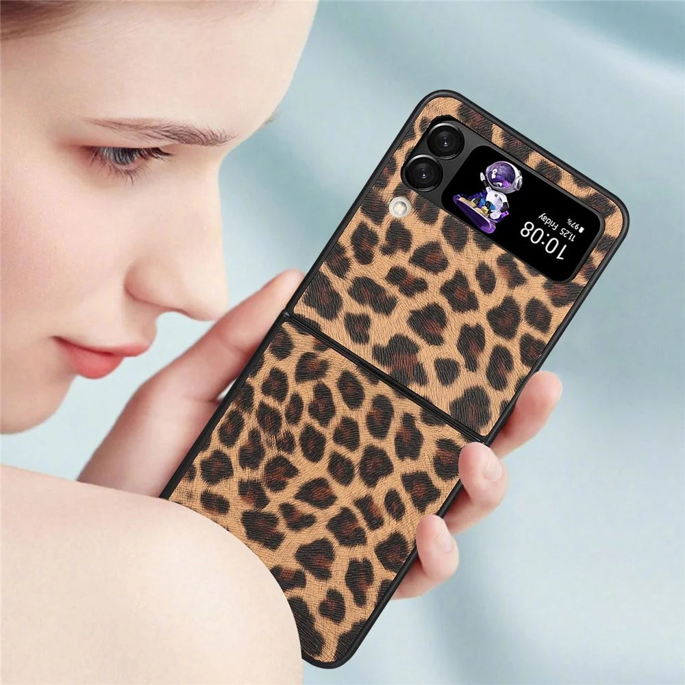 For Samsung Galaxy Z Flip4 5G Anti-scratch Folding Phone Case PU Leather Coated Hard PC Back Cover - Yellow / Leopard Texture - 6
