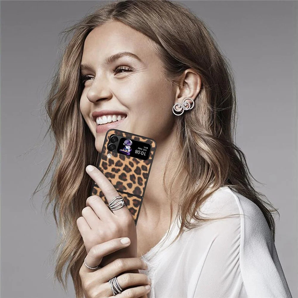 For Samsung Galaxy Z Flip4 5G Anti-scratch Folding Phone Case PU Leather Coated Hard PC Back Cover - Yellow / Leopard Texture - 7
