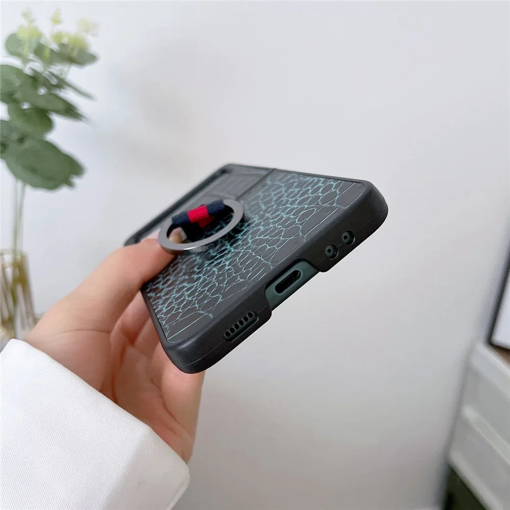 For Samsung Galaxy Z Flip4 5G Genuine Cowhide Leather Coated PC Cover Finger Ring Holder Folding Phone Case - Green - 4