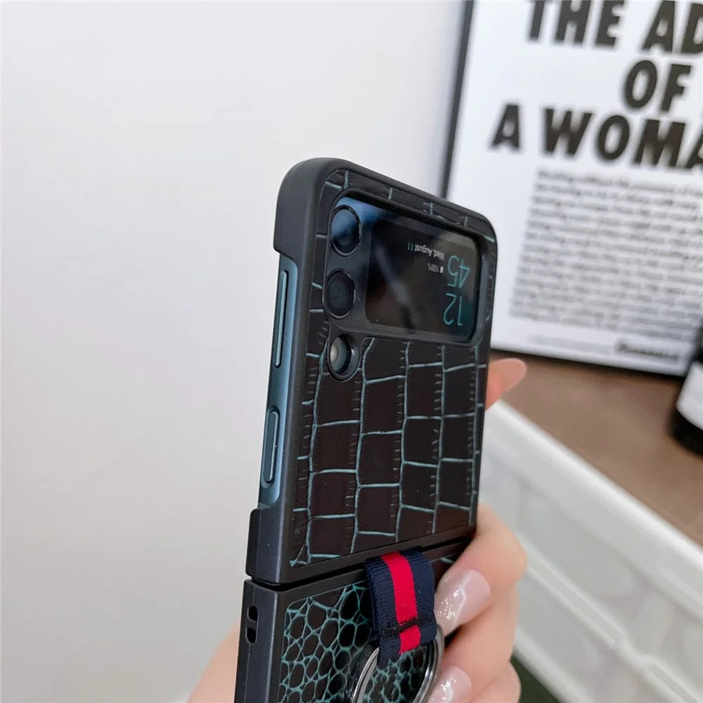 For Samsung Galaxy Z Flip4 5G Genuine Cowhide Leather Coated PC Cover Finger Ring Holder Folding Phone Case - Green - 5
