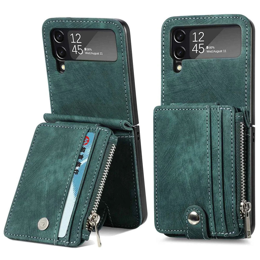 For Samsung Galaxy Z Flip4 5G Multiple Card Slots Zipper Pocket One-Piece Folding Phone Case Retro Texture Leather Coated PC Kickstand Cover - Dark Green - 1