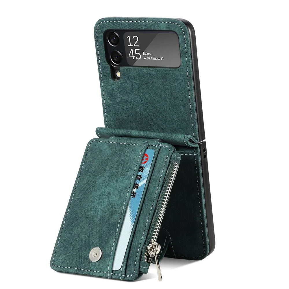 For Samsung Galaxy Z Flip4 5G Multiple Card Slots Zipper Pocket One-Piece Folding Phone Case Retro Texture Leather Coated PC Kickstand Cover - Dark Green - 3