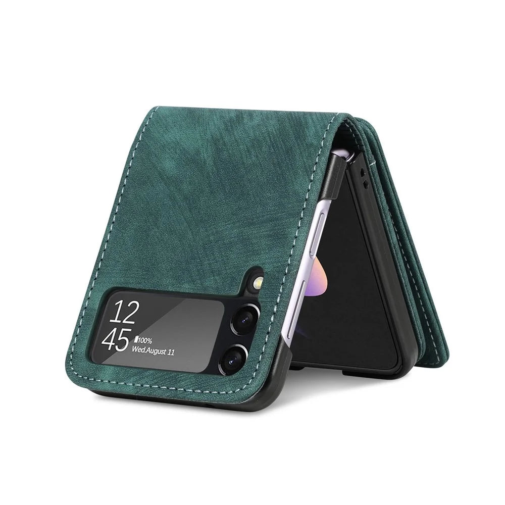 For Samsung Galaxy Z Flip4 5G Multiple Card Slots Zipper Pocket One-Piece Folding Phone Case Retro Texture Leather Coated PC Kickstand Cover - Dark Green - 4