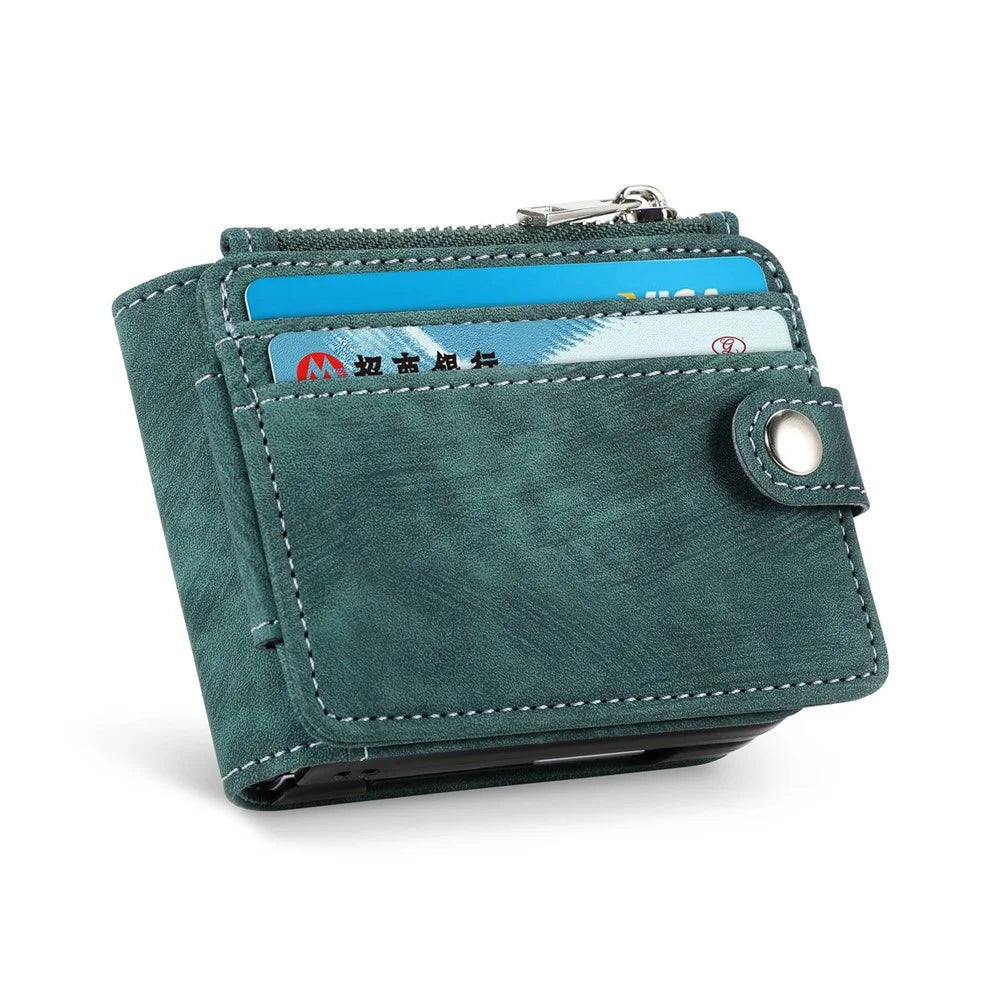 For Samsung Galaxy Z Flip4 5G Multiple Card Slots Zipper Pocket One-Piece Folding Phone Case Retro Texture Leather Coated PC Kickstand Cover - Dark Green - 5