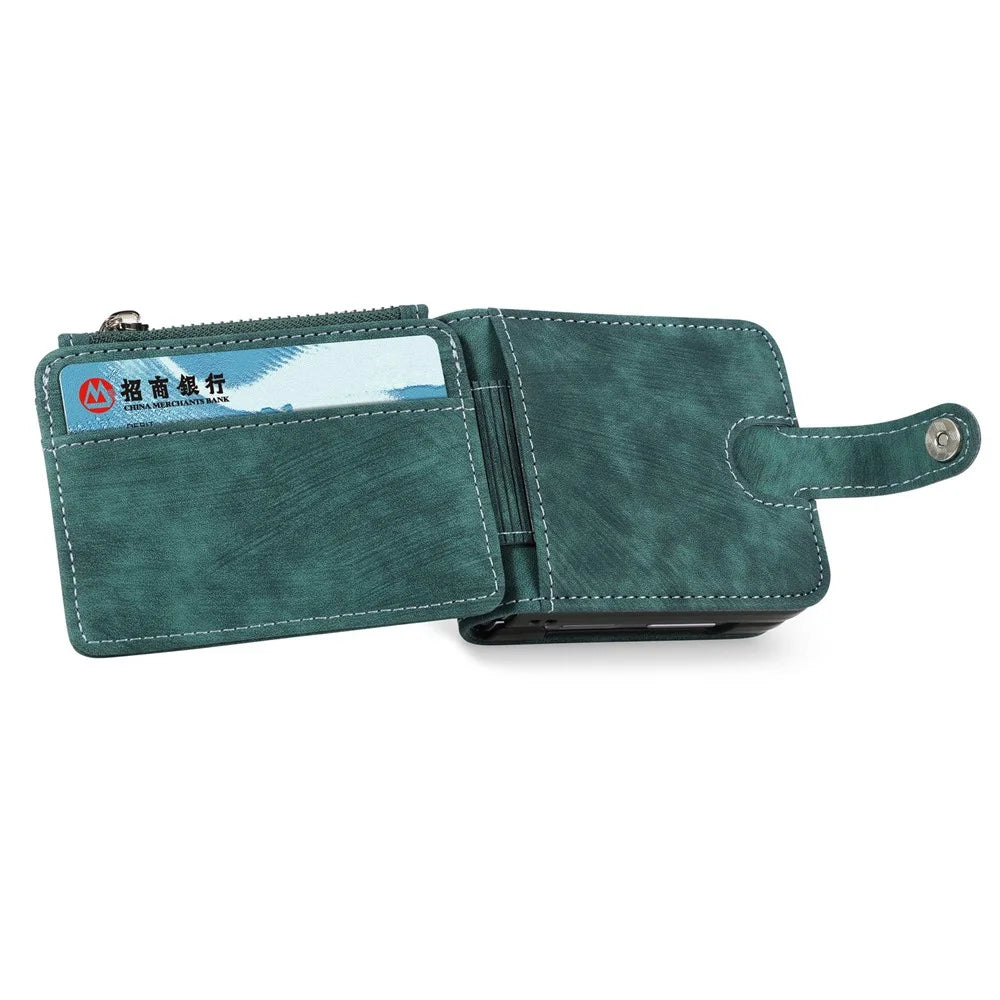 For Samsung Galaxy Z Flip4 5G Multiple Card Slots Zipper Pocket One-Piece Folding Phone Case Retro Texture Leather Coated PC Kickstand Cover - Dark Green - 6
