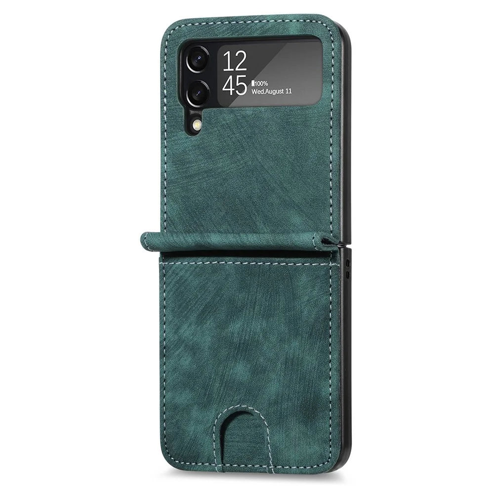 For Samsung Galaxy Z Flip4 5G Multiple Card Slots Zipper Pocket One-Piece Folding Phone Case Retro Texture Leather Coated PC Kickstand Cover - Dark Green - 7