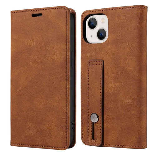 For iPhone 14 Pro Max 6.7 inch Drop-proof Phone Case Anti-scratch Magnetic PU Leather Flip Wallet Cover Stand with Wristband - Brown - 1