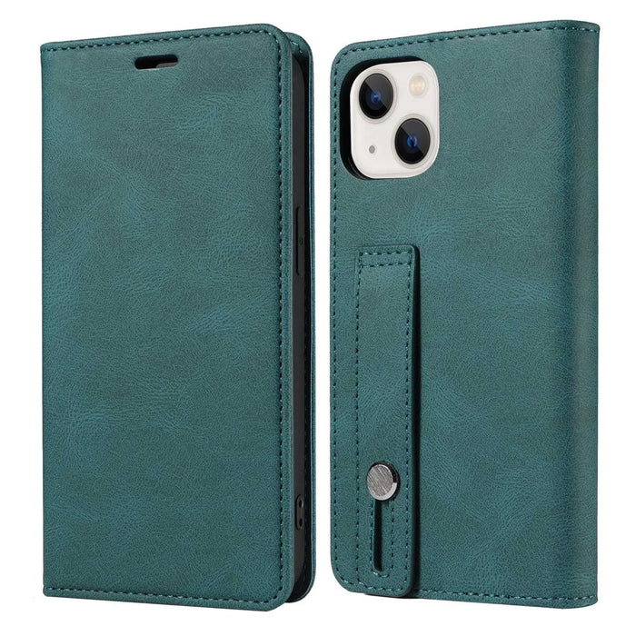 For iPhone 14 Plus Shockproof Phone Flip Wallet Case Scratch-resistant Phone Cover Stand with Wristband - Green - 1