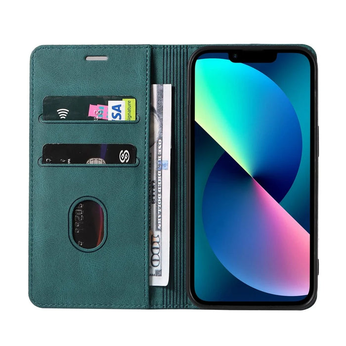 For iPhone 14 Plus Shockproof Phone Flip Wallet Case Scratch-resistant Phone Cover Stand with Wristband - Green - 2