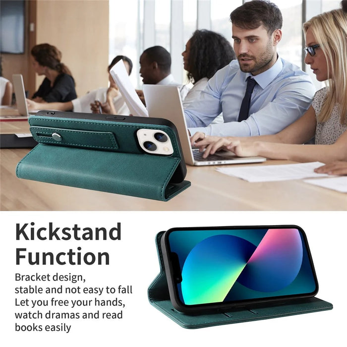 For iPhone 14 Plus Shockproof Phone Flip Wallet Case Scratch-resistant Phone Cover Stand with Wristband - Green - 3