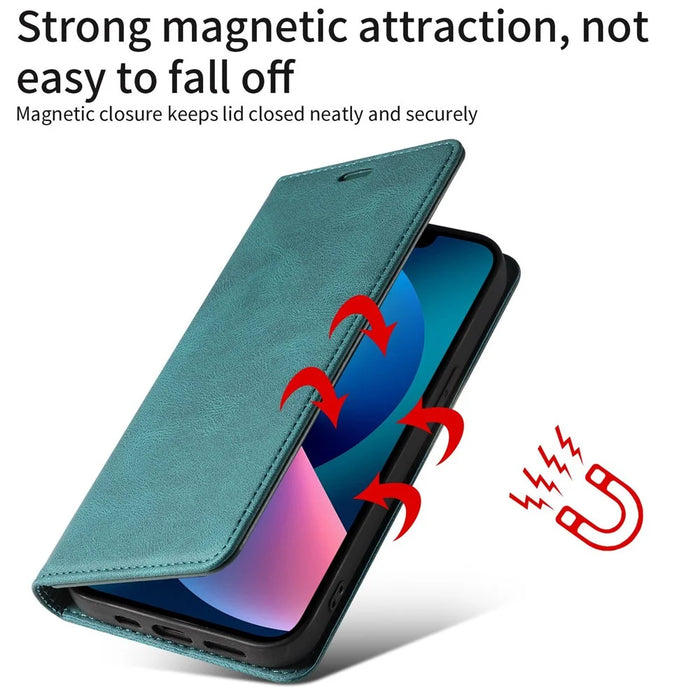 For iPhone 14 Plus Shockproof Phone Flip Wallet Case Scratch-resistant Phone Cover Stand with Wristband - Green - 5