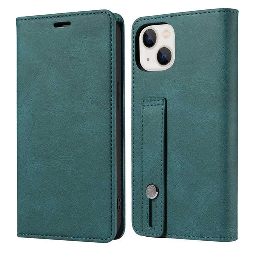 For iPhone 14 6.1 inch Shockproof Phone Flip Wallet Case Phone Cover Stand with Wristband - Green - 1