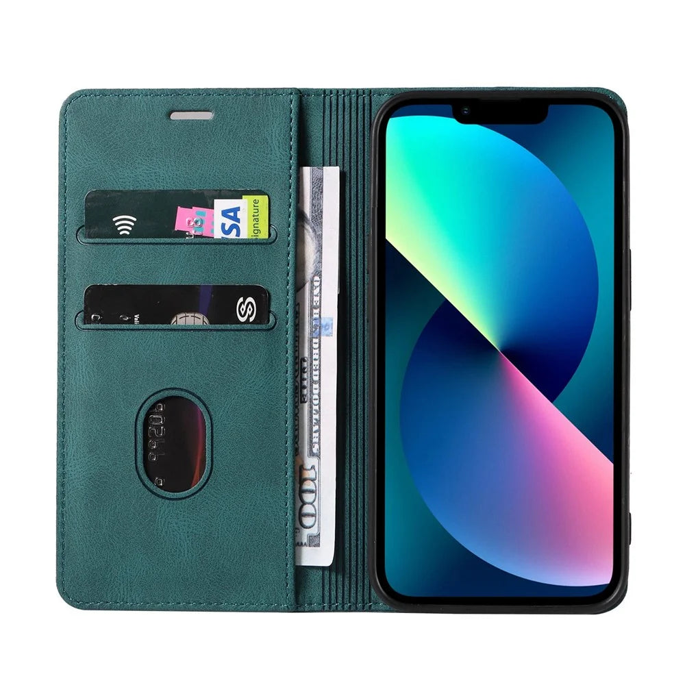 For iPhone 14 6.1 inch Shockproof Phone Flip Wallet Case Phone Cover Stand with Wristband - Green - 2