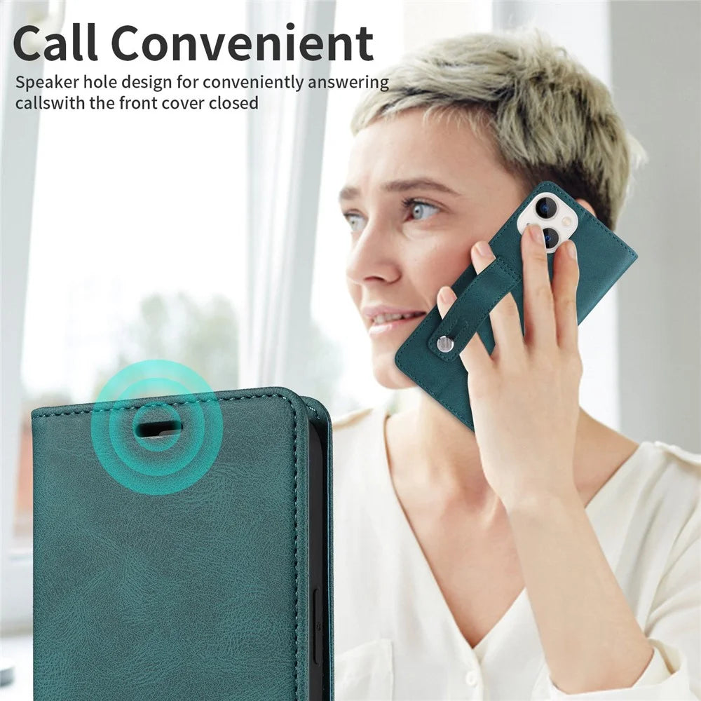 For iPhone 14 6.1 inch Shockproof Phone Flip Wallet Case Phone Cover Stand with Wristband - Green - 6