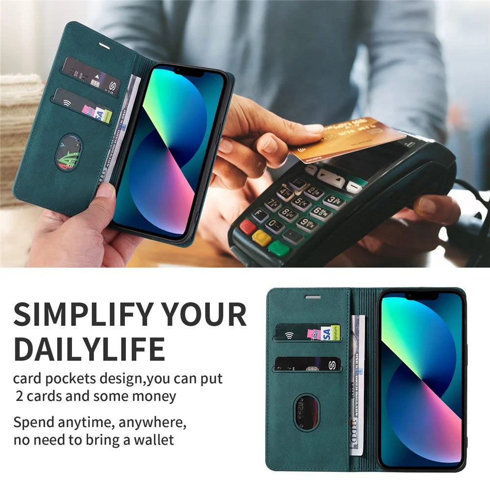 For iPhone 14 6.1 inch Shockproof Phone Flip Wallet Case Phone Cover Stand with Wristband - Green - 7
