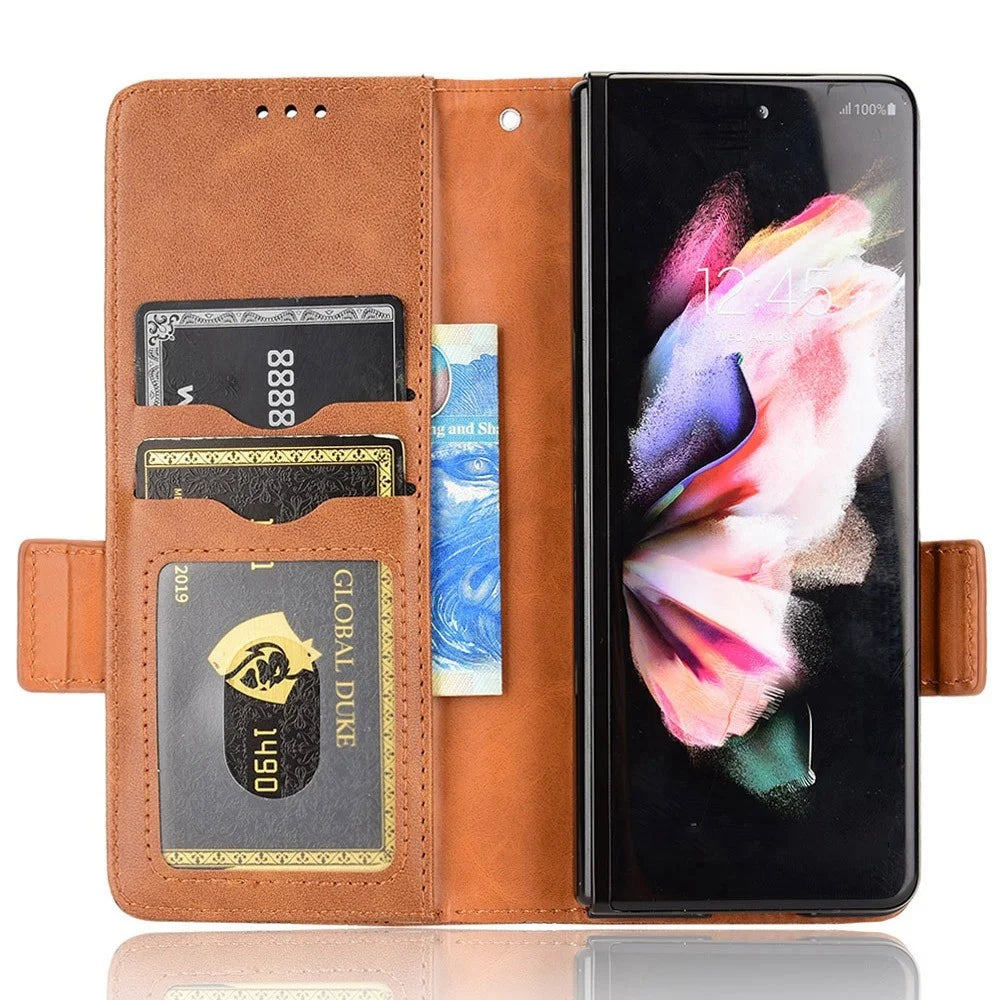 For Samsung Galaxy Z Fold4 5G Shockproof Phone Case with Pen Slot Triangle Pattern Imprinted PU Leather Flip Wallet Cover Stand - Brown - 2