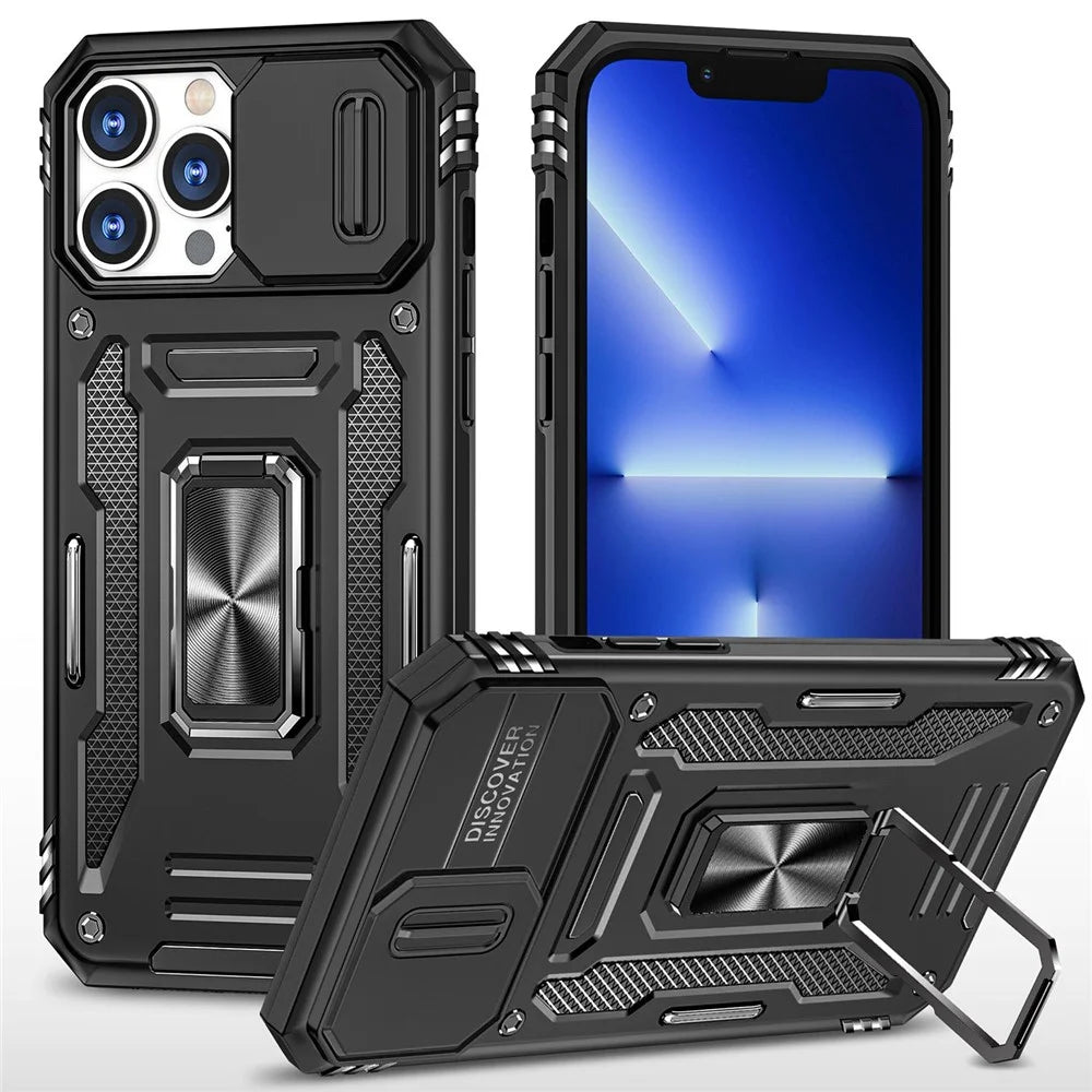 Mobile Phone Case for iPhone 14 Pro Max 6.7 inch, PC + TPU Ring Kickstand Cell Phone Shell with Slide Camera Protector - Black - 1