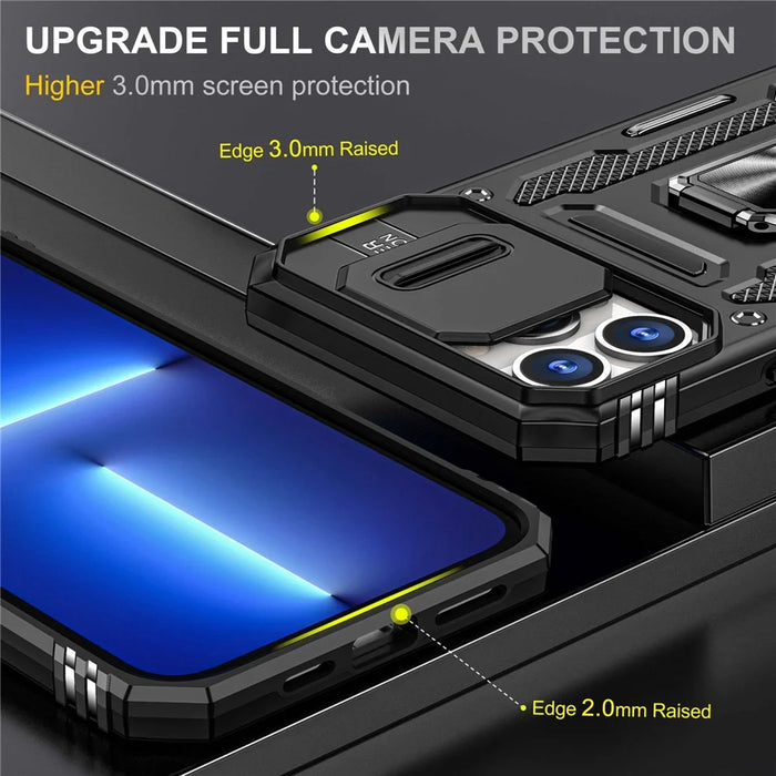 Mobile Phone Case for iPhone 14 Pro Max 6.7 inch, PC + TPU Ring Kickstand Cell Phone Shell with Slide Camera Protector - Black - 3