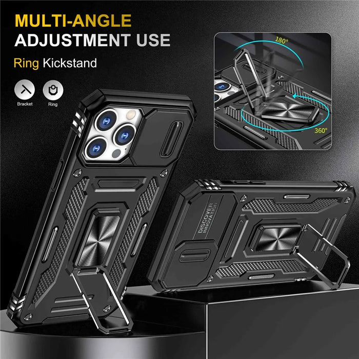 Mobile Phone Case for iPhone 14 Pro Max 6.7 inch, PC + TPU Ring Kickstand Cell Phone Shell with Slide Camera Protector - Black - 4