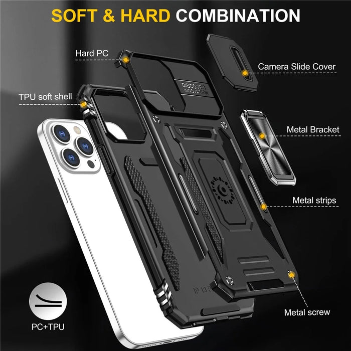 Mobile Phone Case for iPhone 14 Pro Max 6.7 inch, PC + TPU Ring Kickstand Cell Phone Shell with Slide Camera Protector - Black - 7