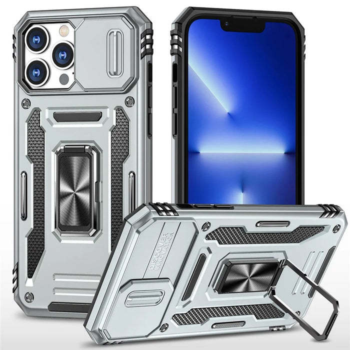 For iPhone 14 Pro 6.1 inch Hard PC + TPU Ring Kickstand Cell Phone Case Slide Camera Cover Anti-fingerprint Phone Shell - Grey - 1